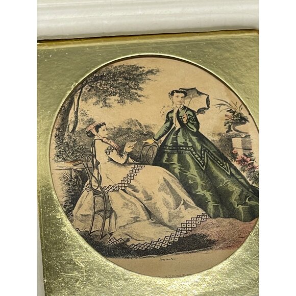 vintage ceramic framed La Mode illustree print shabby chic white gold mated READ - Picture 3 of 8